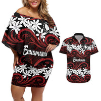 Personalised Cook Islands Atiu Enuamanu Couples Matching Off Shoulder Short Dress and Hawaiian Shirt Tiare Maori Polynesian Waves Tattoo