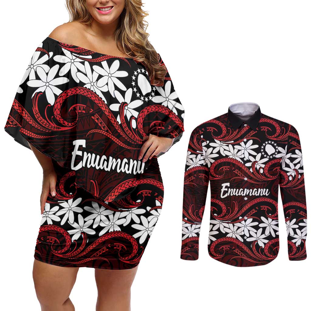 Personalised Cook Islands Atiu Enuamanu Couples Matching Off Shoulder Short Dress and Long Sleeve Button Shirt Tiare Maori Polynesian Waves Tattoo