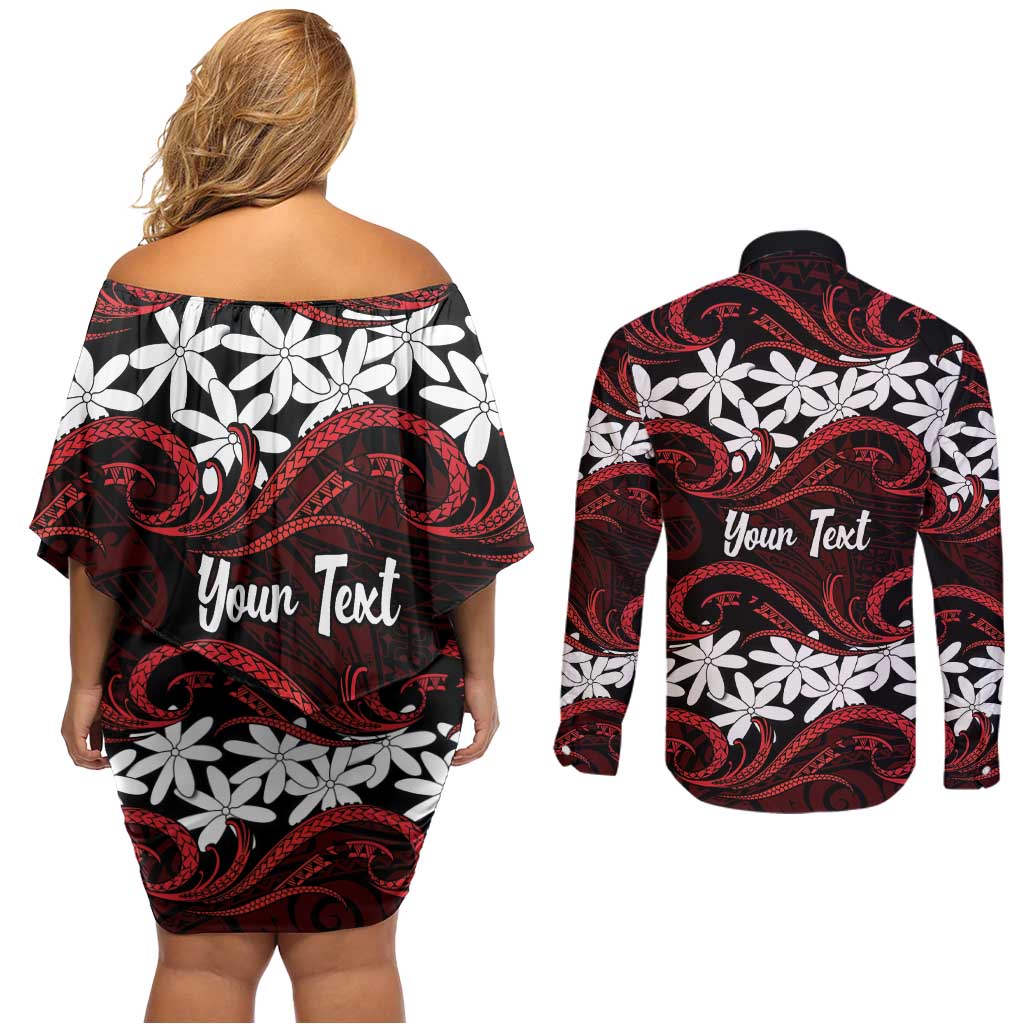 Personalised Cook Islands Atiu Enuamanu Couples Matching Off Shoulder Short Dress and Long Sleeve Button Shirt Tiare Maori Polynesian Waves Tattoo