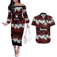 Personalised Cook Islands Atiu Enuamanu Couples Matching Off The Shoulder Long Sleeve Dress and Hawaiian Shirt Tiare Maori Polynesian Waves Tattoo