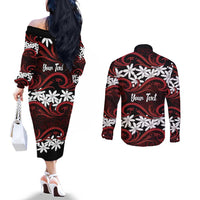 Personalised Cook Islands Atiu Enuamanu Couples Matching Off The Shoulder Long Sleeve Dress and Long Sleeve Button Shirt Tiare Maori Polynesian Waves Tattoo