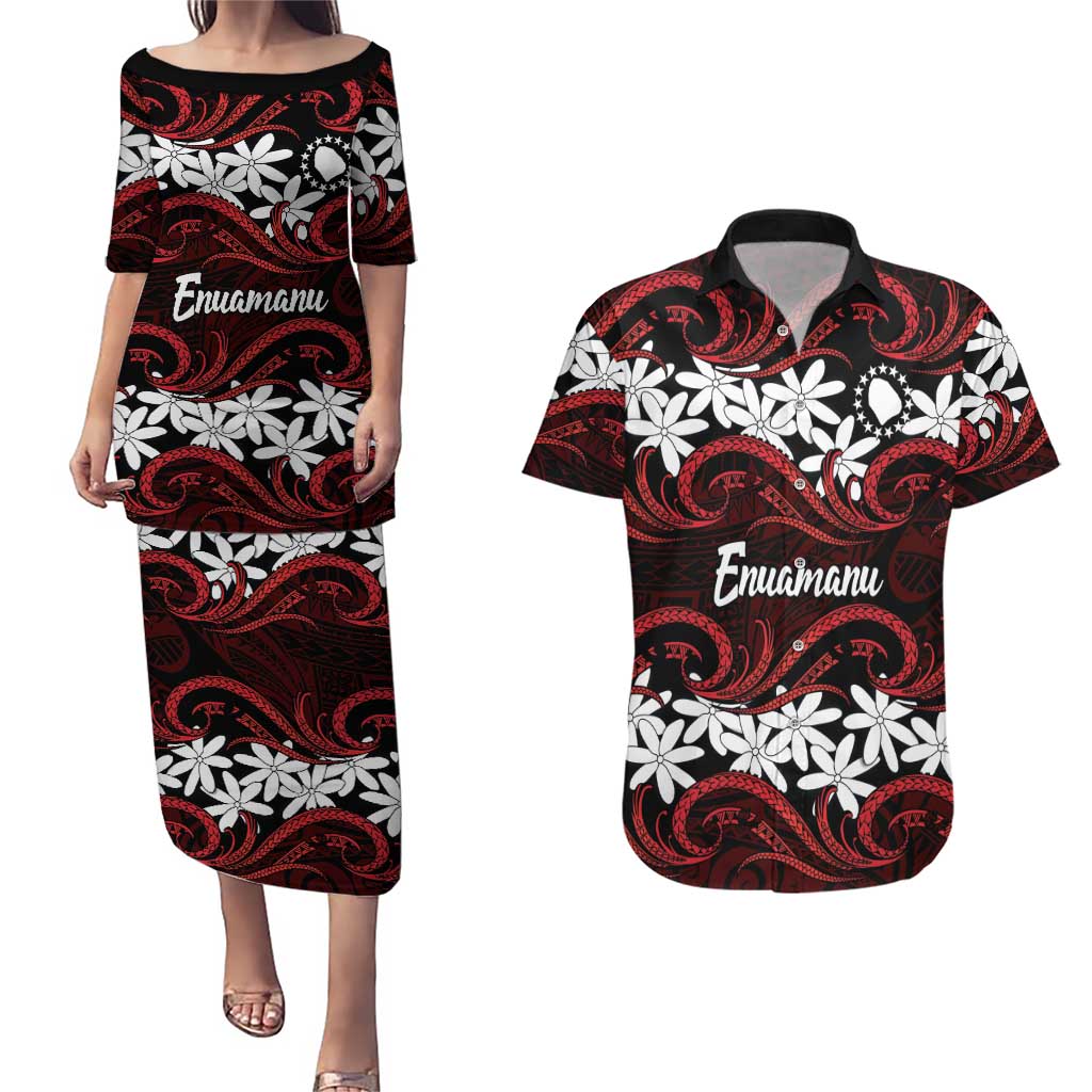 Personalised Cook Islands Atiu Enuamanu Couples Matching Puletasi and Hawaiian Shirt Tiare Maori Polynesian Waves Tattoo