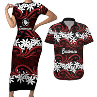 Personalised Cook Islands Atiu Enuamanu Couples Matching Short Sleeve Bodycon Dress and Hawaiian Shirt Tiare Maori Polynesian Waves Tattoo