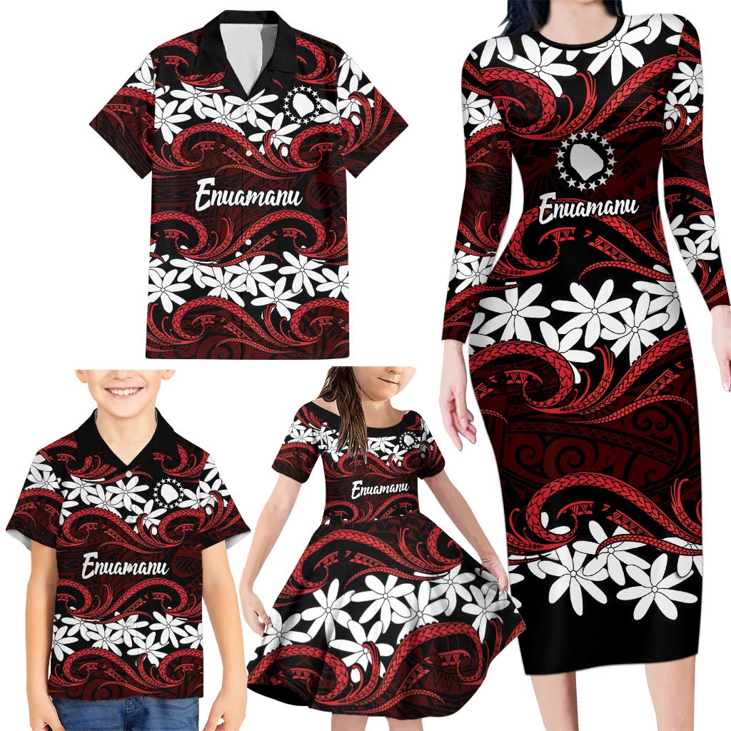 Personalised Cook Islands Atiu Enuamanu Family Matching Long Sleeve Bodycon Dress and Hawaiian Shirt Tiare Maori Polynesian Waves Tattoo