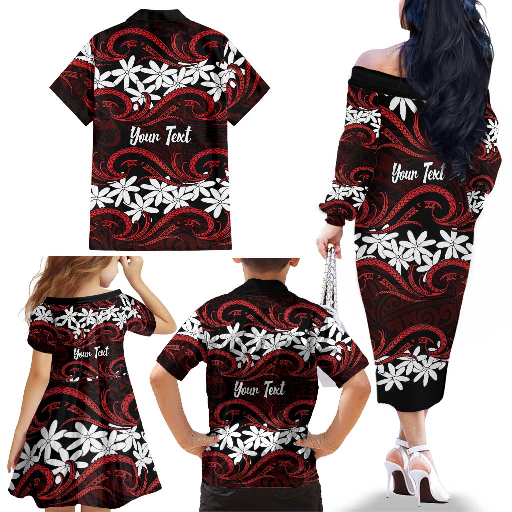 Personalised Cook Islands Atiu Enuamanu Family Matching Off The Shoulder Long Sleeve Dress and Hawaiian Shirt Tiare Maori Polynesian Waves Tattoo