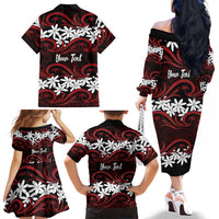 Personalised Cook Islands Atiu Enuamanu Family Matching Off The Shoulder Long Sleeve Dress and Hawaiian Shirt Tiare Maori Polynesian Waves Tattoo