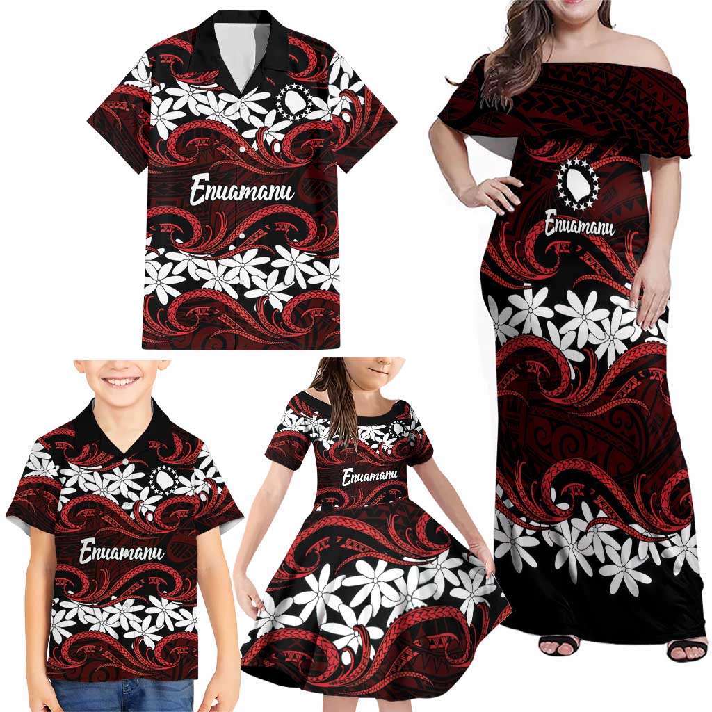 Personalised Cook Islands Atiu Enuamanu Family Matching Off Shoulder Maxi Dress and Hawaiian Shirt Tiare Maori Polynesian Waves Tattoo