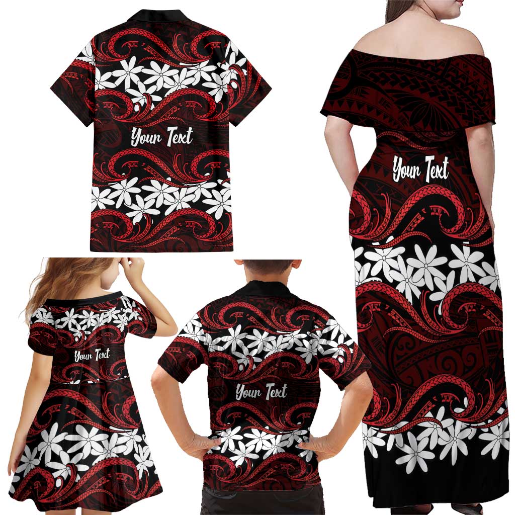 Personalised Cook Islands Atiu Enuamanu Family Matching Off Shoulder Maxi Dress and Hawaiian Shirt Tiare Maori Polynesian Waves Tattoo