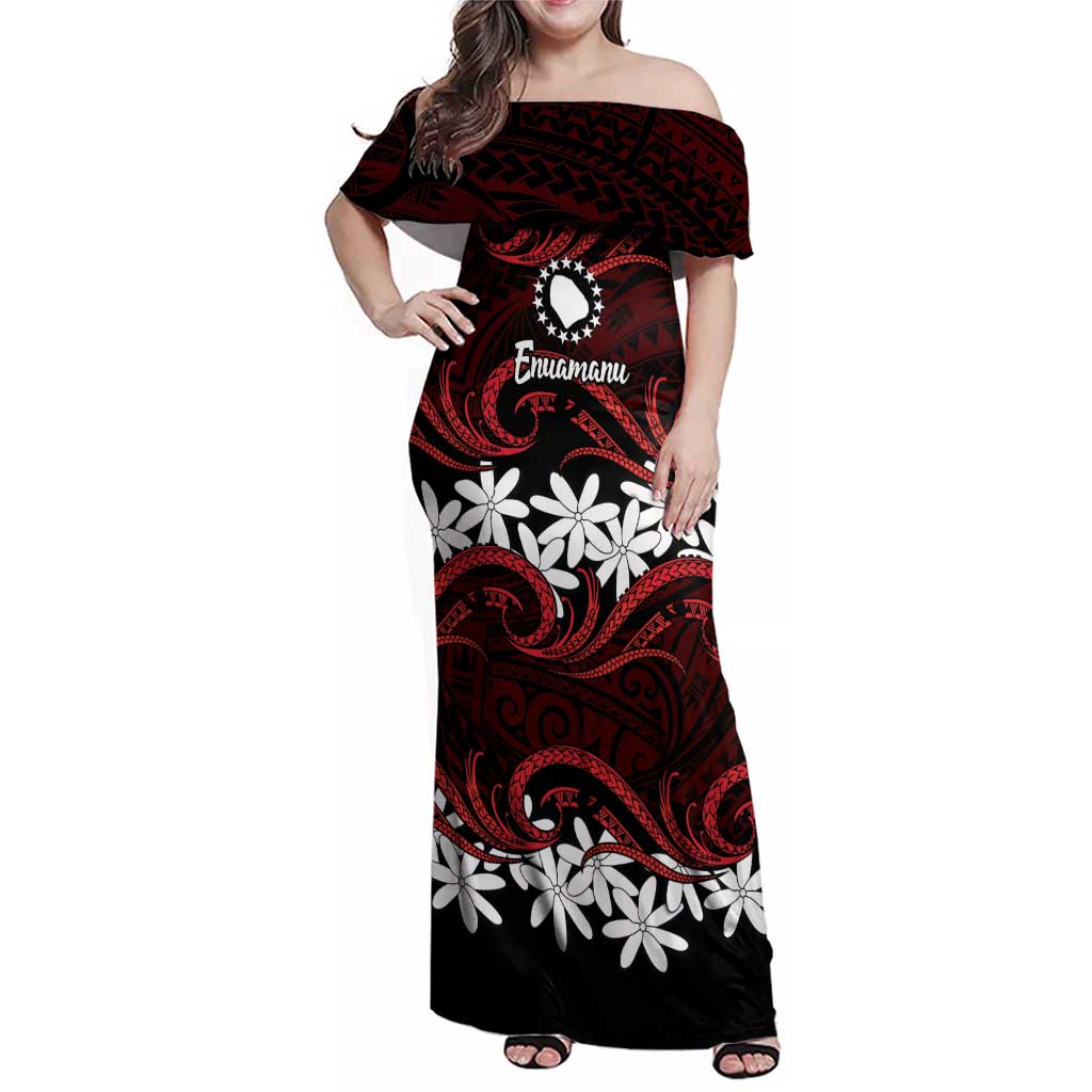 Personalised Cook Islands Atiu Enuamanu Family Matching Off Shoulder Maxi Dress and Hawaiian Shirt Tiare Maori Polynesian Waves Tattoo
