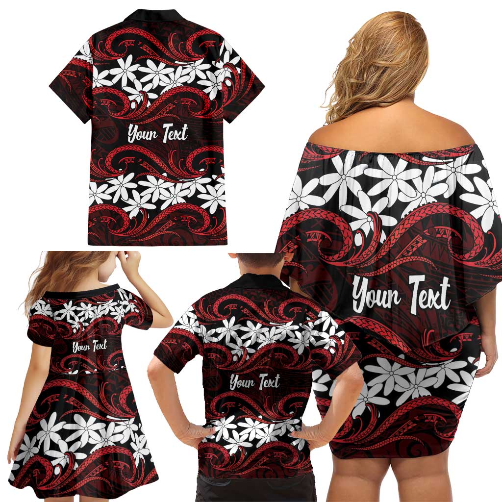 Personalised Cook Islands Atiu Enuamanu Family Matching Off Shoulder Short Dress and Hawaiian Shirt Tiare Maori Polynesian Waves Tattoo