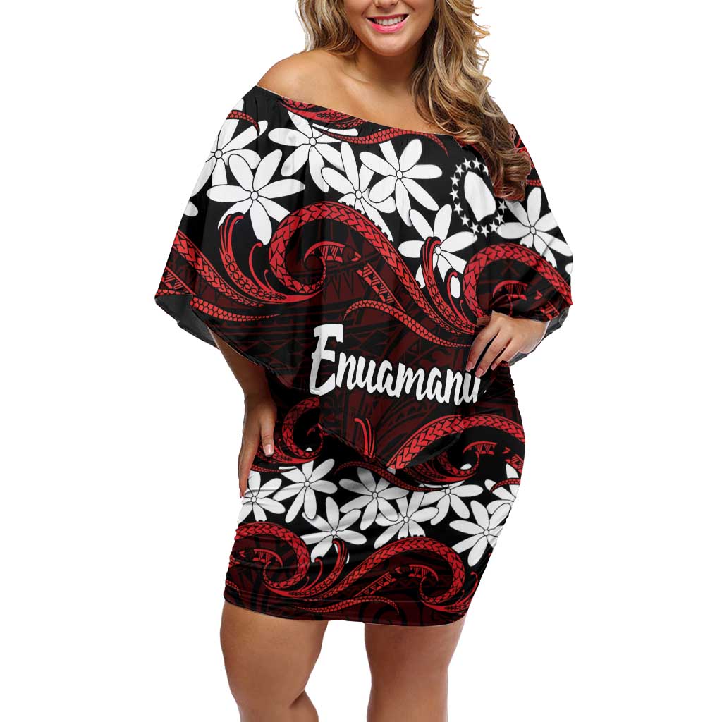 Personalised Cook Islands Atiu Enuamanu Family Matching Off Shoulder Short Dress and Hawaiian Shirt Tiare Maori Polynesian Waves Tattoo