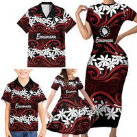 Personalised Cook Islands Atiu Enuamanu Family Matching Short Sleeve Bodycon Dress and Hawaiian Shirt Tiare Maori Polynesian Waves Tattoo