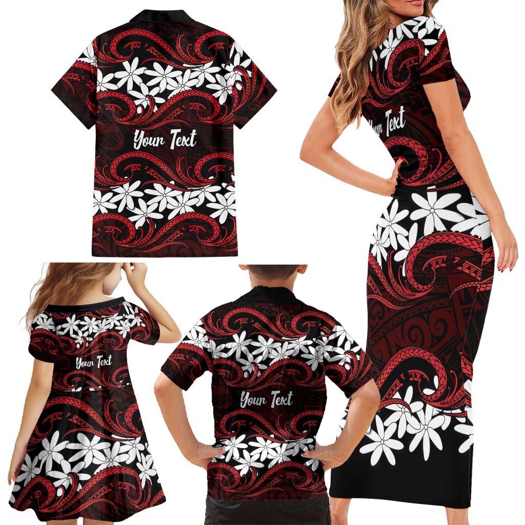 Personalised Cook Islands Atiu Enuamanu Family Matching Short Sleeve Bodycon Dress and Hawaiian Shirt Tiare Maori Polynesian Waves Tattoo