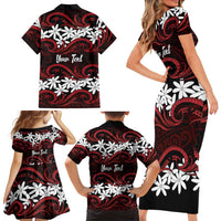 Personalised Cook Islands Atiu Enuamanu Family Matching Short Sleeve Bodycon Dress and Hawaiian Shirt Tiare Maori Polynesian Waves Tattoo