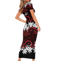 Personalised Cook Islands Atiu Enuamanu Family Matching Short Sleeve Bodycon Dress and Hawaiian Shirt Tiare Maori Polynesian Waves Tattoo
