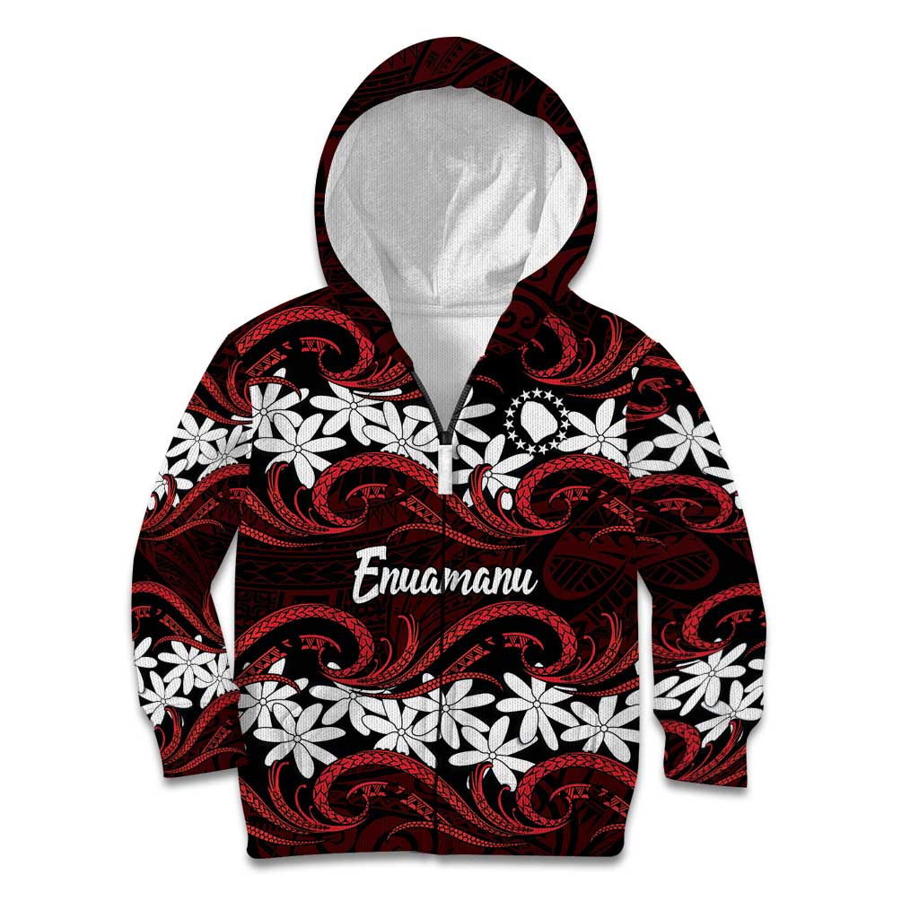 Personalised Cook Islands Atiu Enuamanu Kid Hoodie Tiare Maori Polynesian Waves Tattoo LT14 Zip Hoodie Red - Polynesian Pride