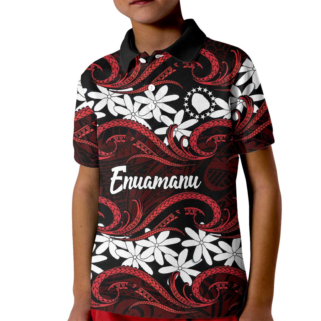 Personalised Cook Islands Atiu Enuamanu Kid Polo Shirt Tiare Maori Polynesian Waves Tattoo