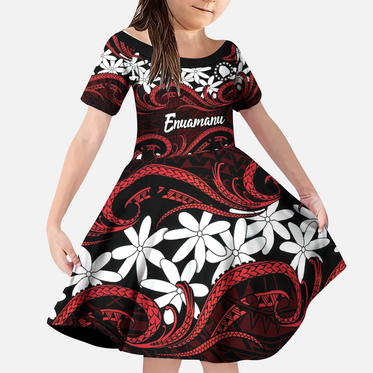 Personalised Cook Islands Atiu Enuamanu Kid Short Sleeve Dress Tiare Maori Polynesian Waves Tattoo