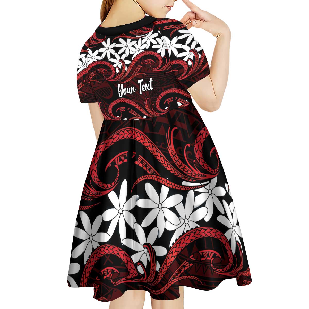Personalised Cook Islands Atiu Enuamanu Kid Short Sleeve Dress Tiare Maori Polynesian Waves Tattoo