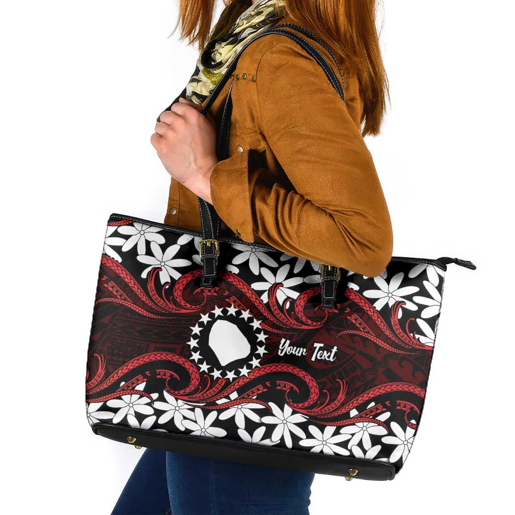 Personalised Cook Islands Atiu Enuamanu Leather Tote Bag Tiare Maori Polynesian Waves Tattoo LT14 Red - Polynesian Pride