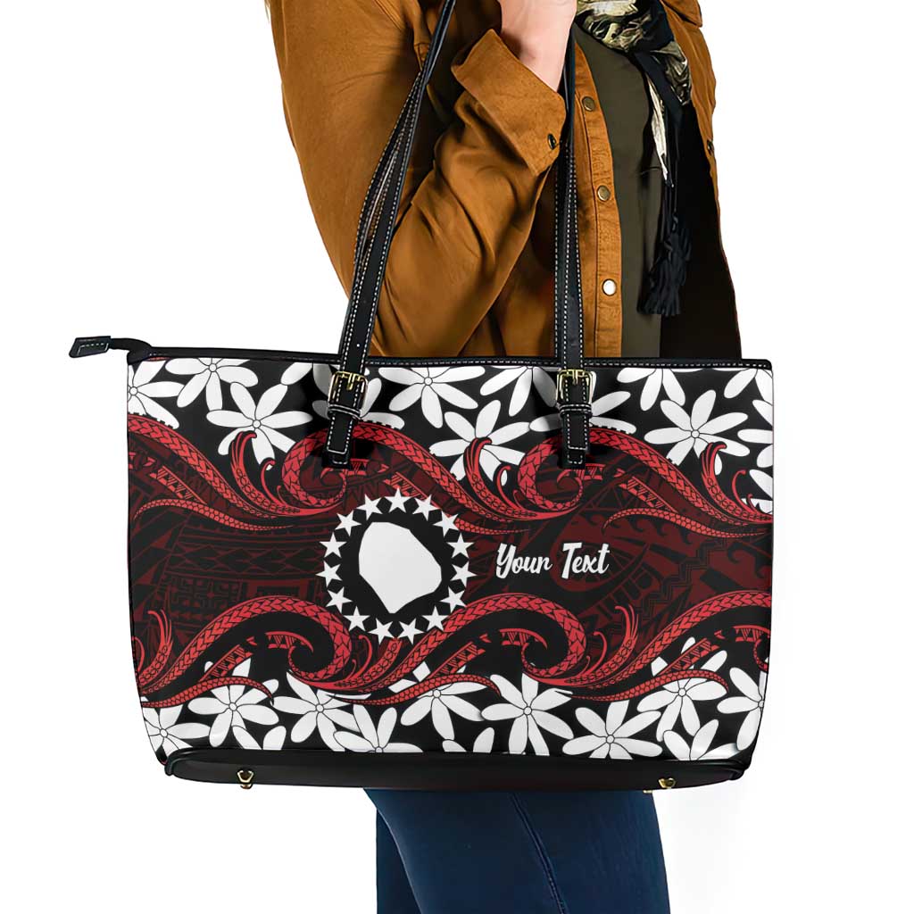 Personalised Cook Islands Atiu Enuamanu Leather Tote Bag Tiare Maori Polynesian Waves Tattoo LT14 - Polynesian Pride