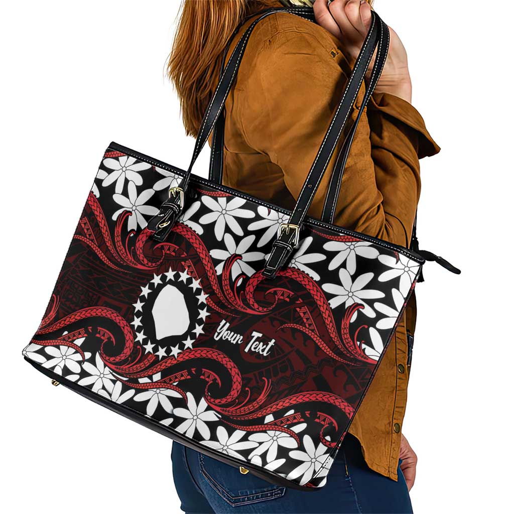 Personalised Cook Islands Atiu Enuamanu Leather Tote Bag Tiare Maori Polynesian Waves Tattoo LT14 - Polynesian Pride