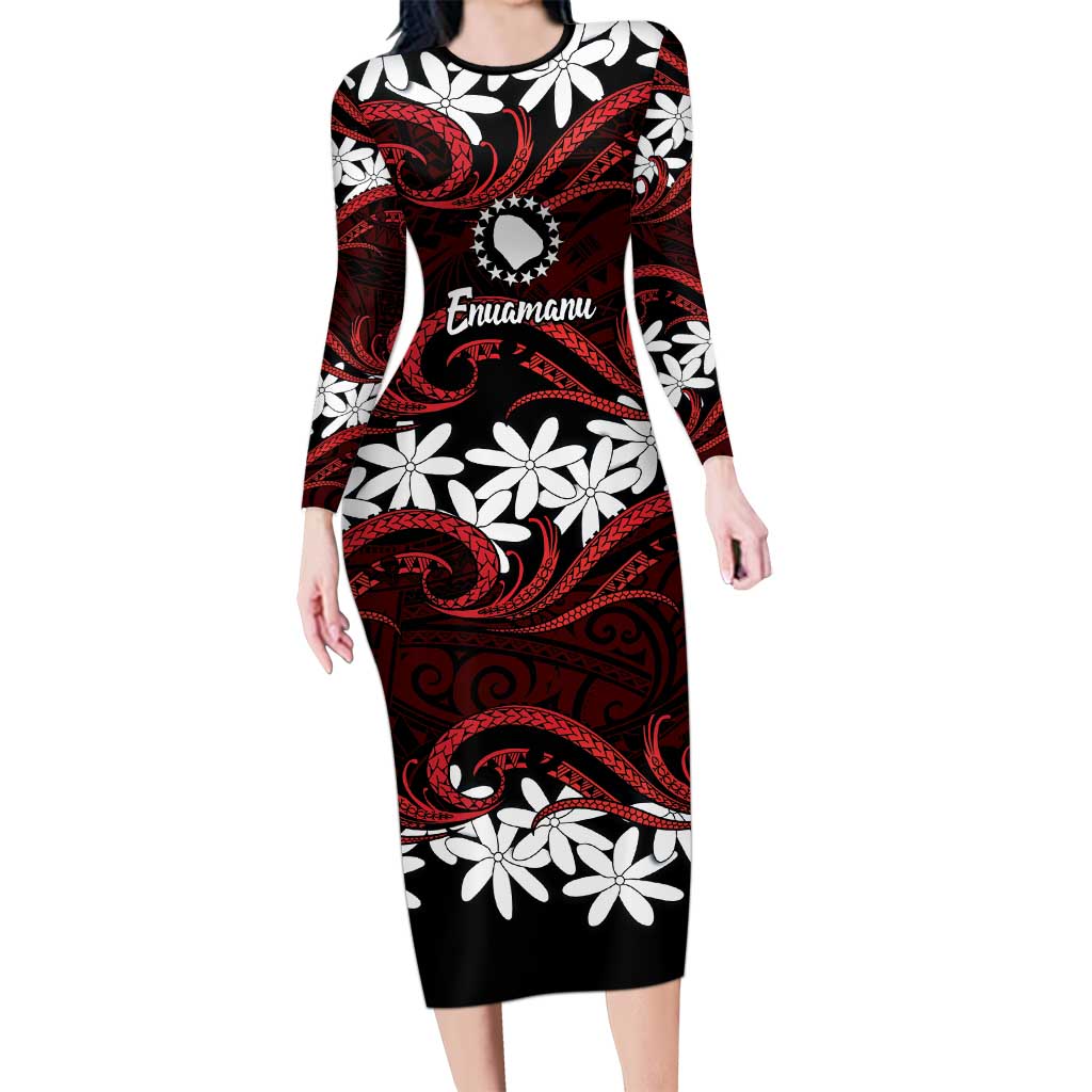 Personalised Cook Islands Atiu Enuamanu Long Sleeve Bodycon Dress Tiare Maori Polynesian Waves Tattoo