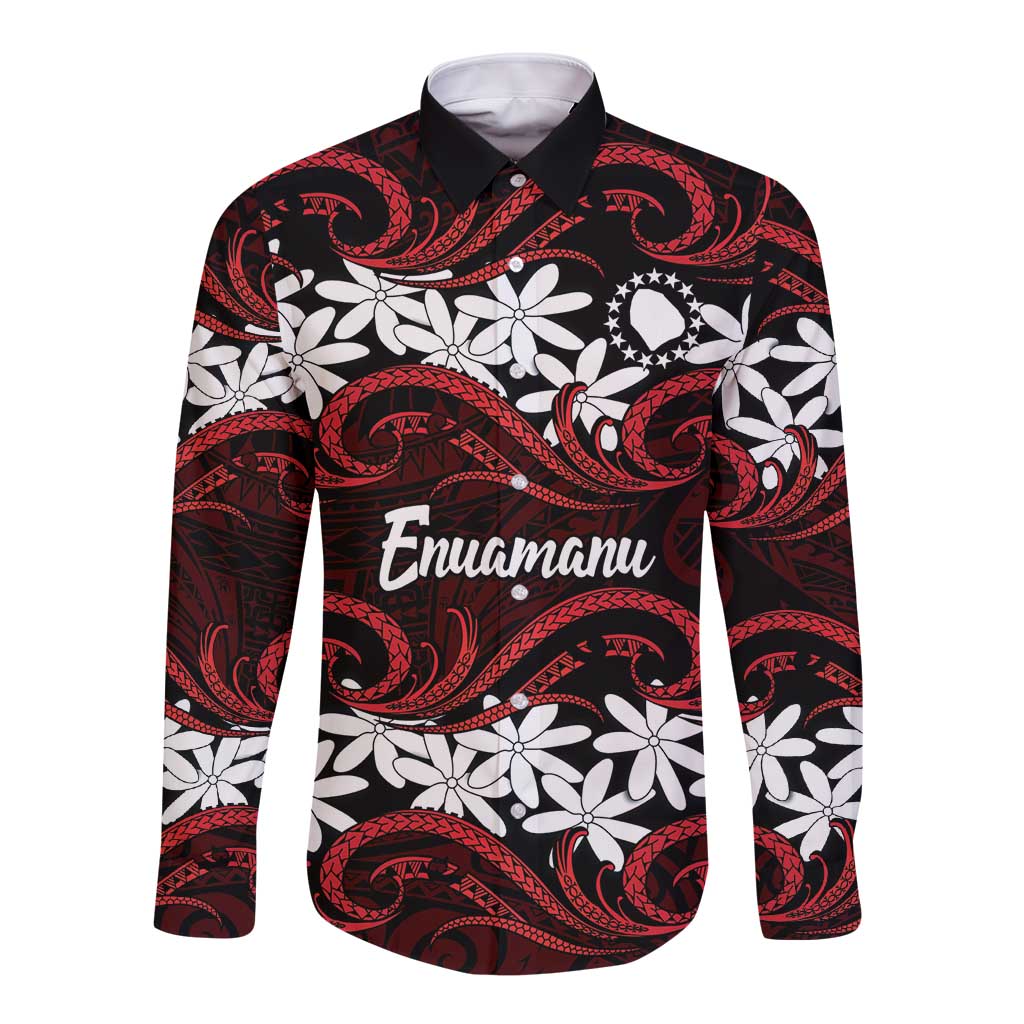 Personalised Cook Islands Atiu Enuamanu Long Sleeve Button Shirt Tiare Maori Polynesian Waves Tattoo LT14 Unisex Red - Polynesian Pride