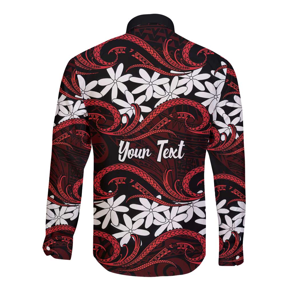 Personalised Cook Islands Atiu Enuamanu Long Sleeve Button Shirt Tiare Maori Polynesian Waves Tattoo LT14 - Polynesian Pride