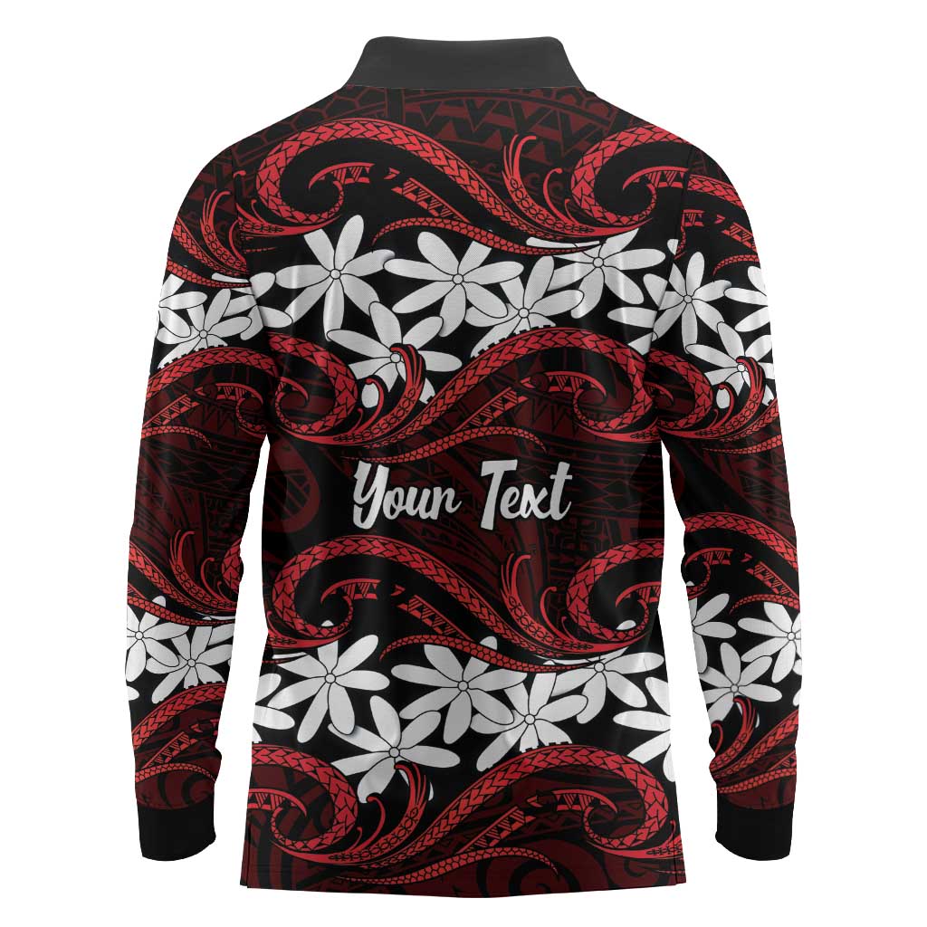 Personalised Cook Islands Atiu Enuamanu Long Sleeve Polo Shirt Tiare Maori Polynesian Waves Tattoo
