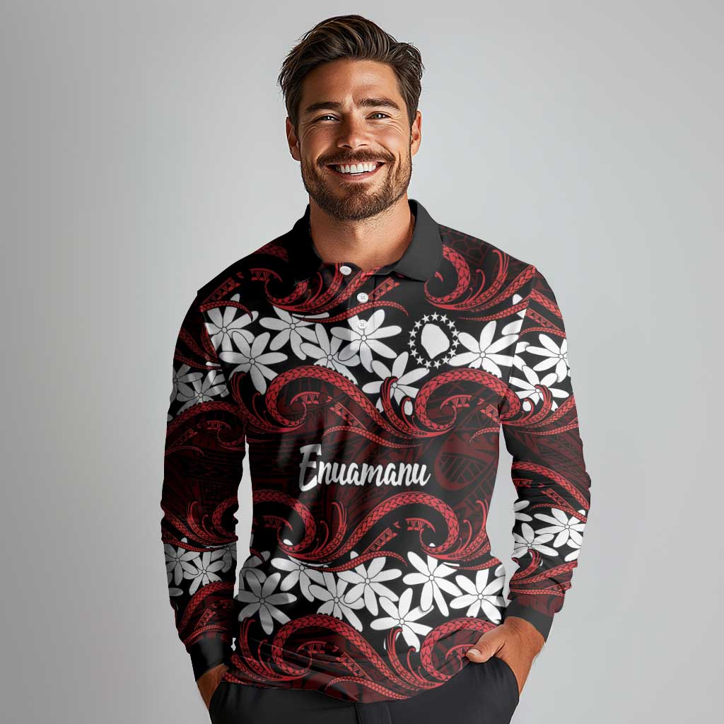 Personalised Cook Islands Atiu Enuamanu Long Sleeve Polo Shirt Tiare Maori Polynesian Waves Tattoo