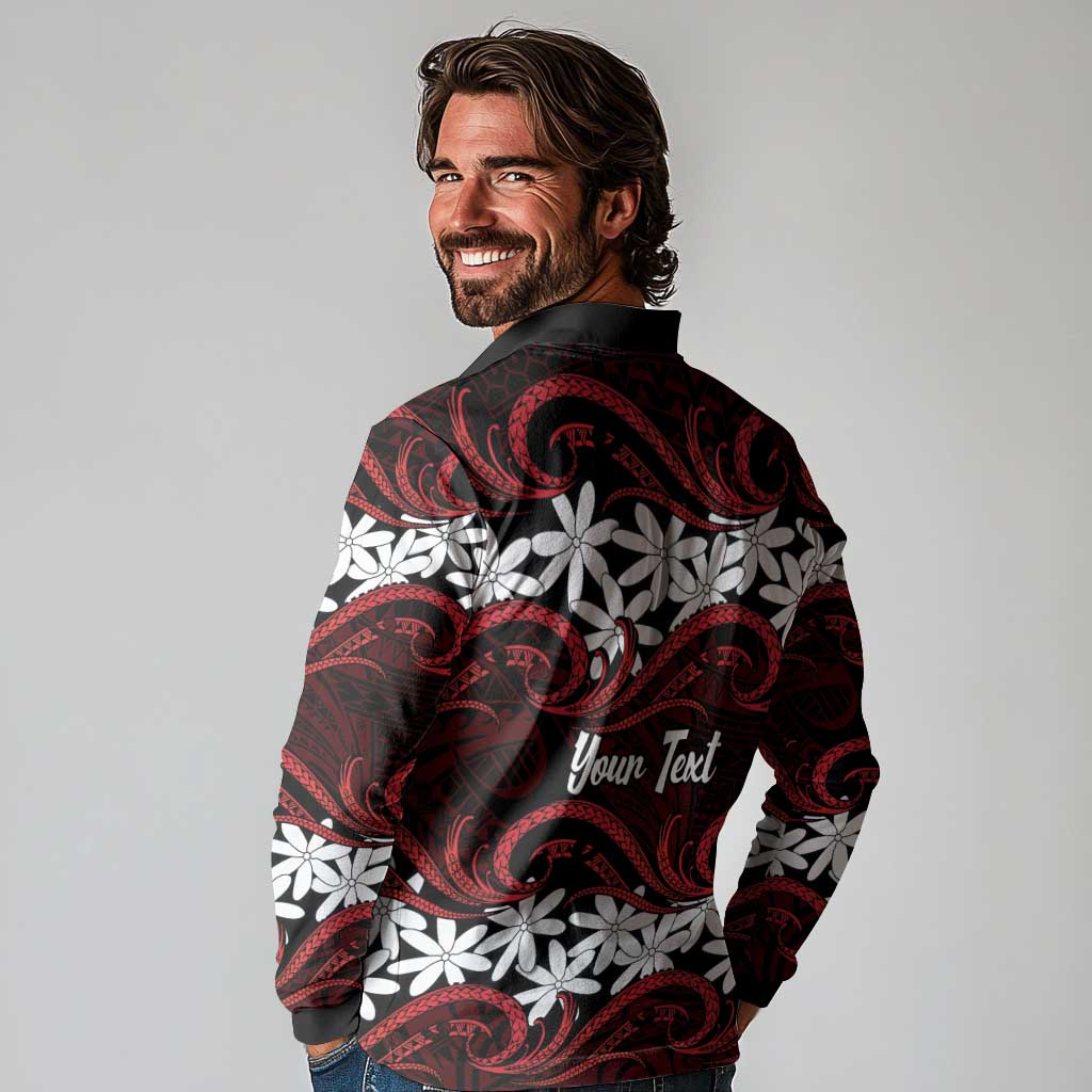 Personalised Cook Islands Atiu Enuamanu Long Sleeve Polo Shirt Tiare Maori Polynesian Waves Tattoo