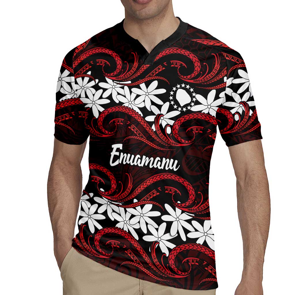 Personalised Cook Islands Atiu Enuamanu Rugby Jersey Tiare Maori Polynesian Waves Tattoo