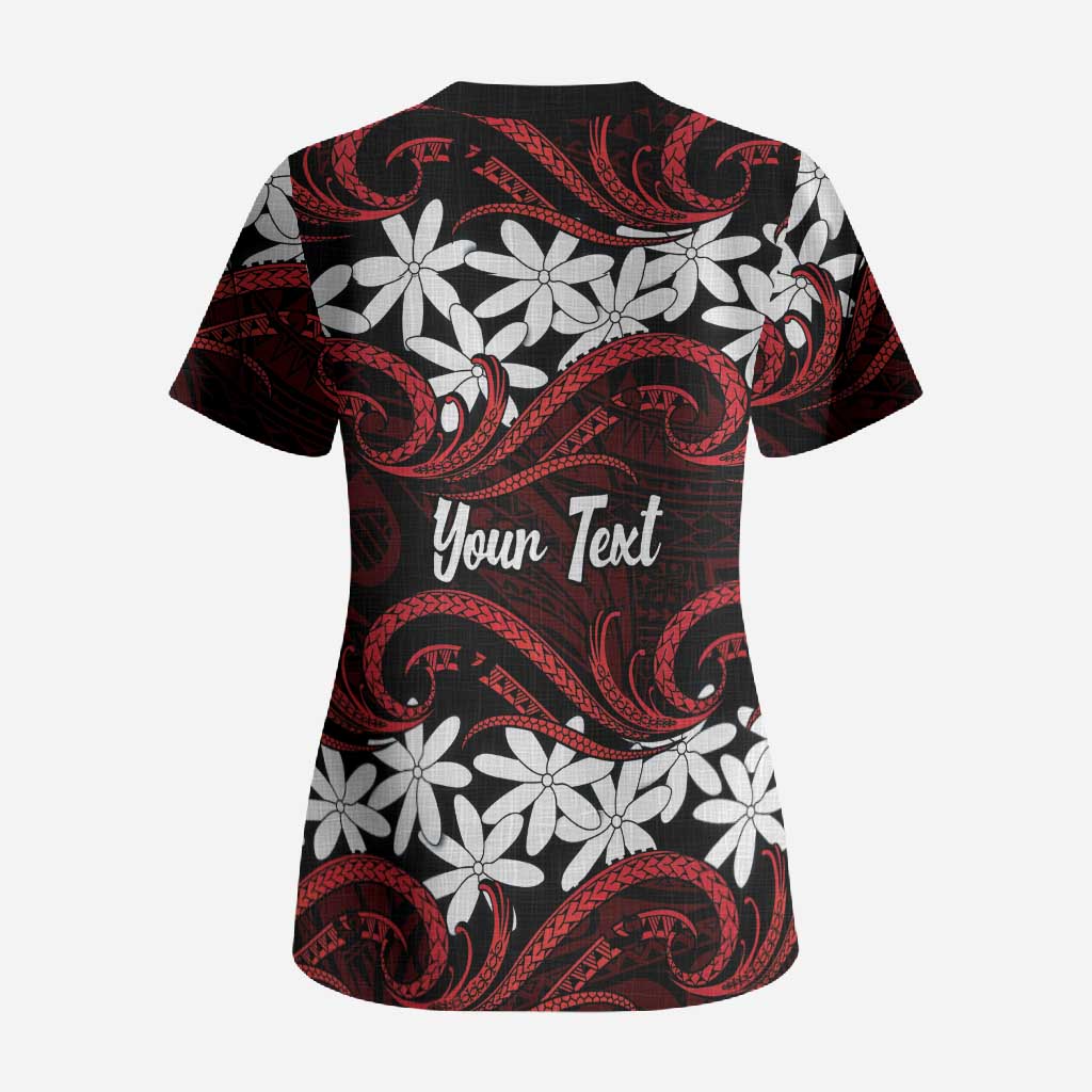 Personalised Cook Islands Atiu Enuamanu Scrub Top Tiare Maori Polynesian Waves Tattoo