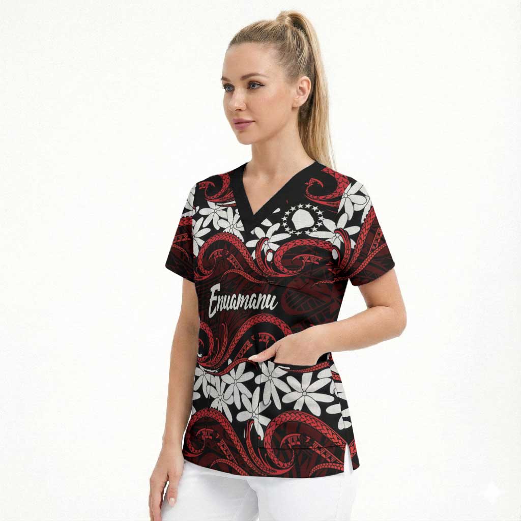 Personalised Cook Islands Atiu Enuamanu Scrub Top Tiare Maori Polynesian Waves Tattoo
