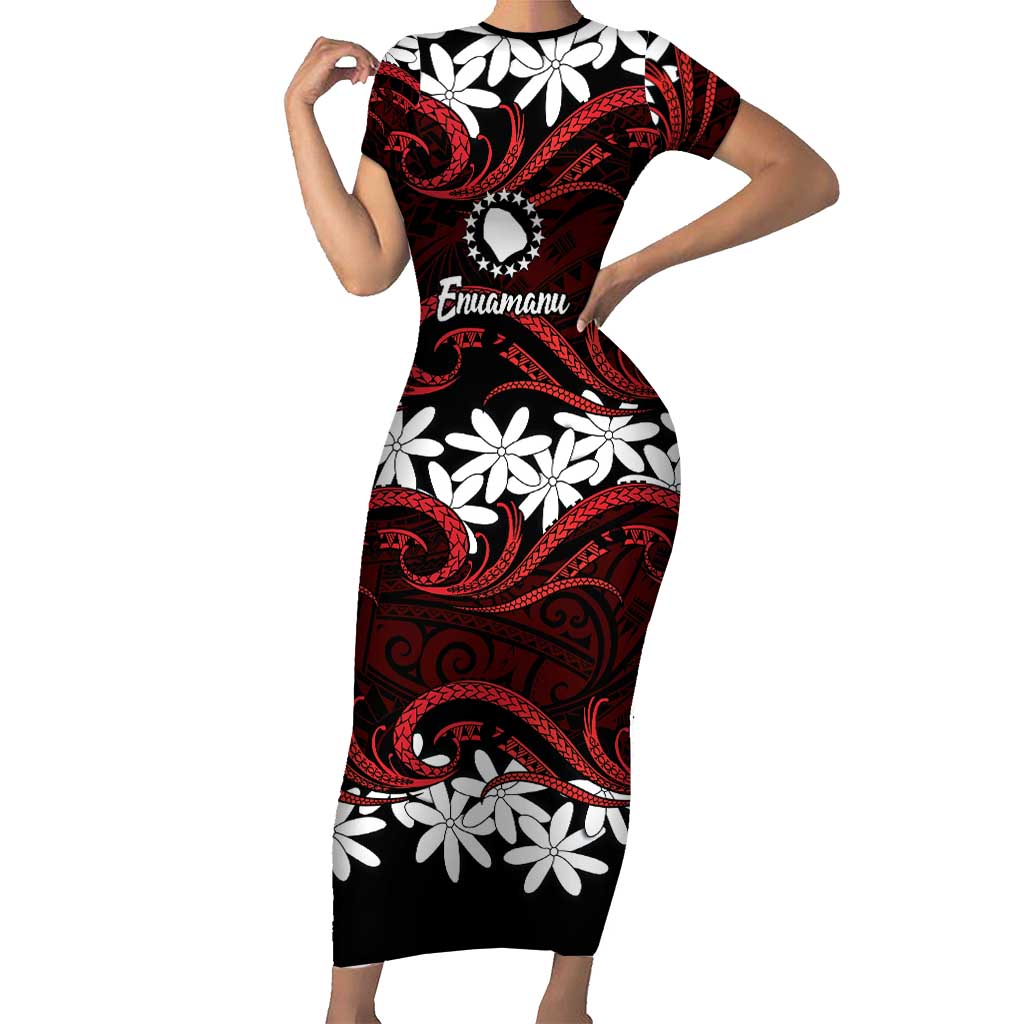 Personalised Cook Islands Atiu Enuamanu Short Sleeve Bodycon Dress Tiare Maori Polynesian Waves Tattoo