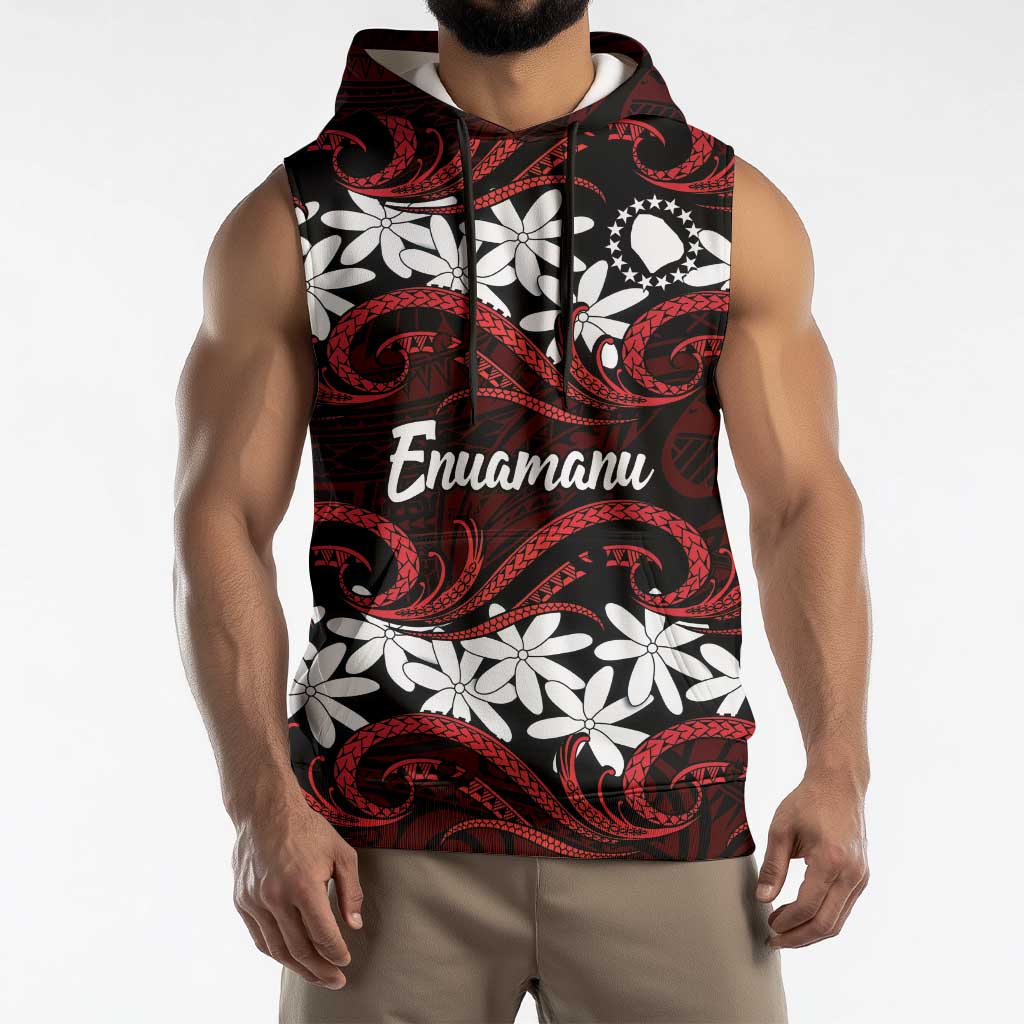 Personalised Cook Islands Atiu Enuamanu Sleeveless Hoodie Tiare Maori Polynesian Waves Tattoo