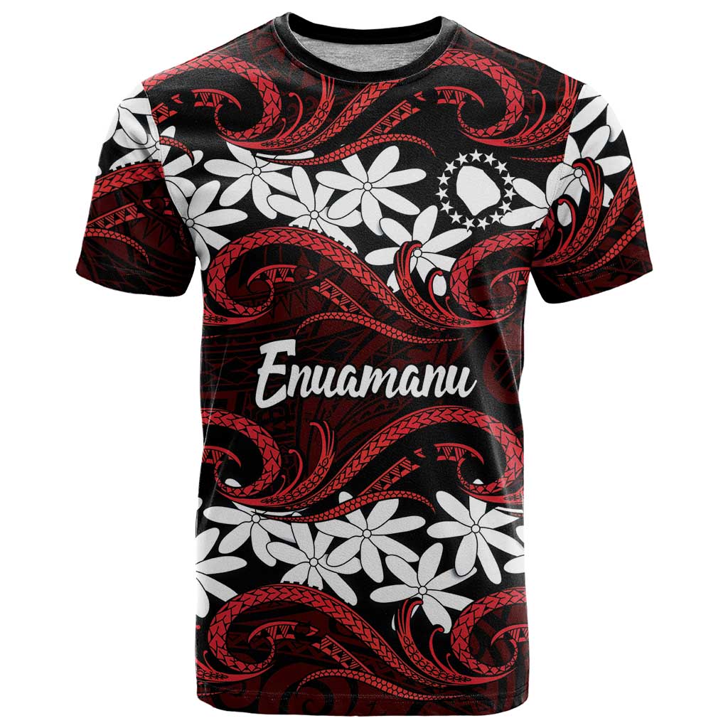 Personalised Cook Islands Atiu Enuamanu T Shirt Tiare Maori Polynesian Waves Tattoo LT14 Red - Polynesian Pride