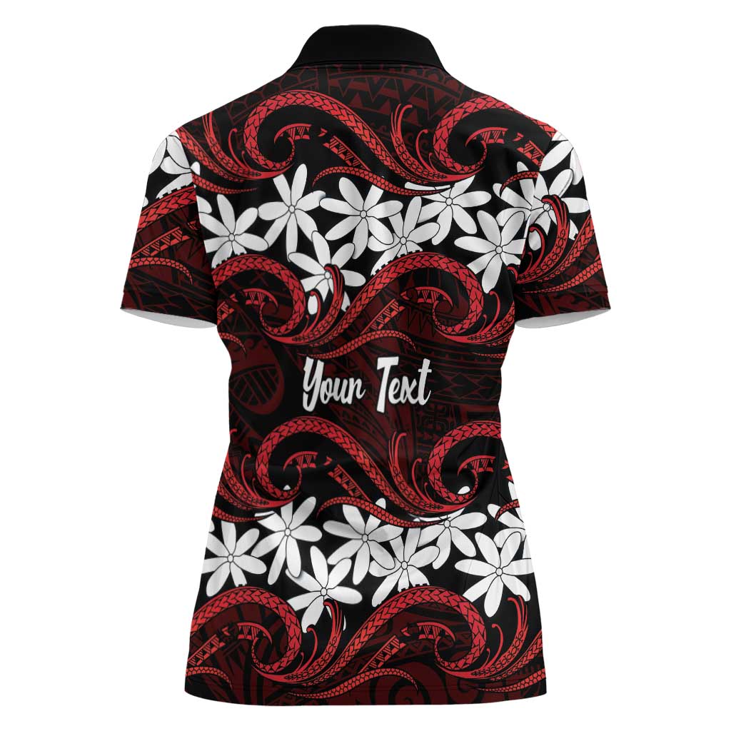 Personalised Cook Islands Atiu Enuamanu Women Polo Shirt Tiare Maori Polynesian Waves Tattoo