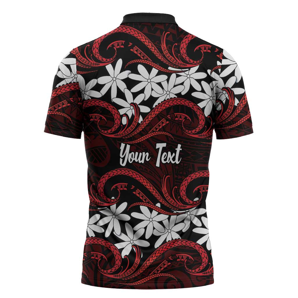 Personalised Cook Islands Atiu Enuamanu Zipper Polo Shirt Tiare Maori Polynesian Waves Tattoo
