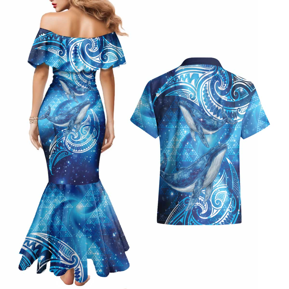 New Zealand Humpback Whale Matariki Couples Matching Mermaid Dress and Hawaiian Shirt Maori New Year Taniko Niho Taniwha