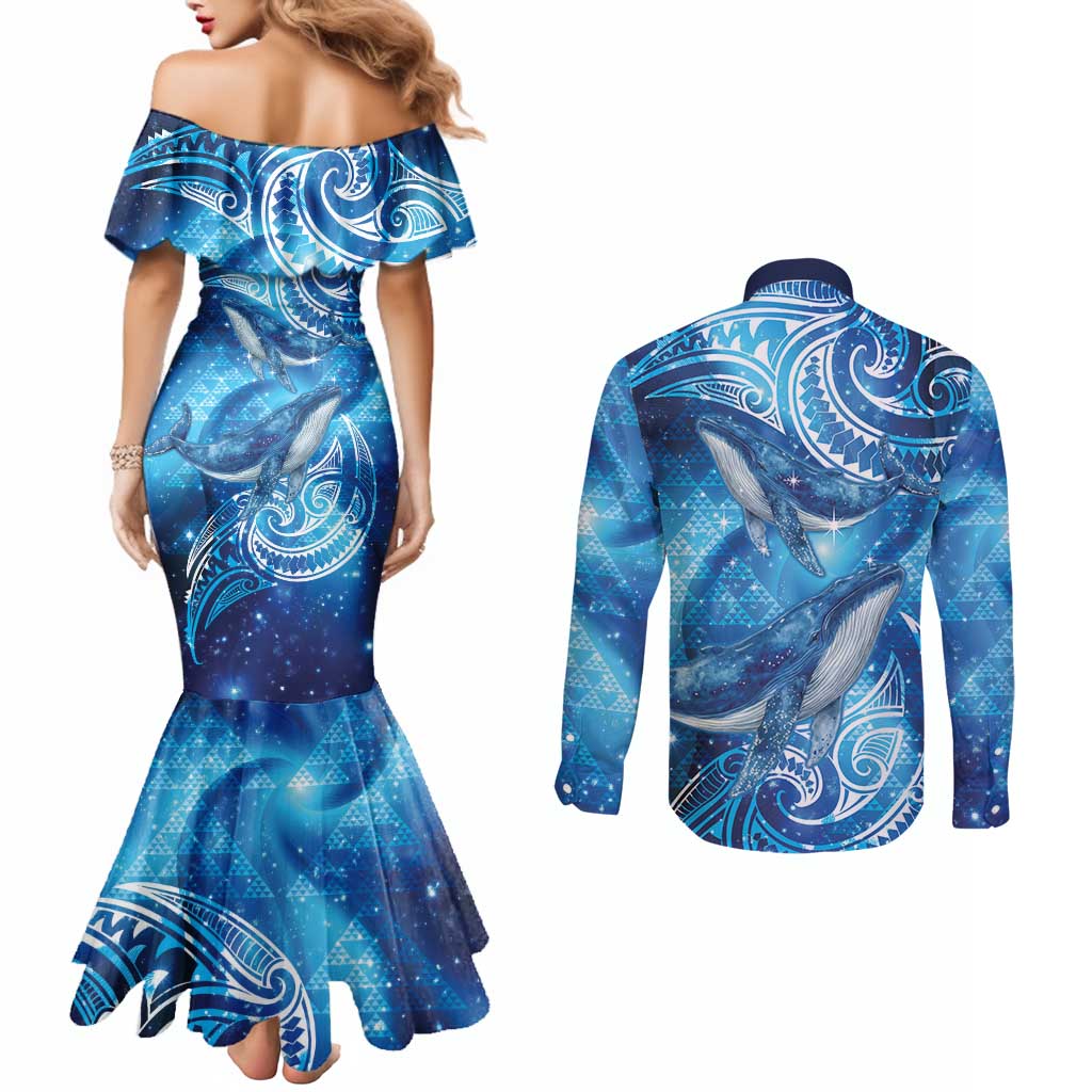 New Zealand Humpback Whale Matariki Couples Matching Mermaid Dress and Long Sleeve Button Shirt Maori New Year Taniko Niho Taniwha