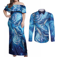 New Zealand Humpback Whale Matariki Couples Matching Off Shoulder Maxi Dress and Long Sleeve Button Shirt Maori New Year Taniko Niho Taniwha