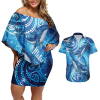 New Zealand Humpback Whale Matariki Couples Matching Off Shoulder Short Dress and Hawaiian Shirt Maori New Year Taniko Niho Taniwha