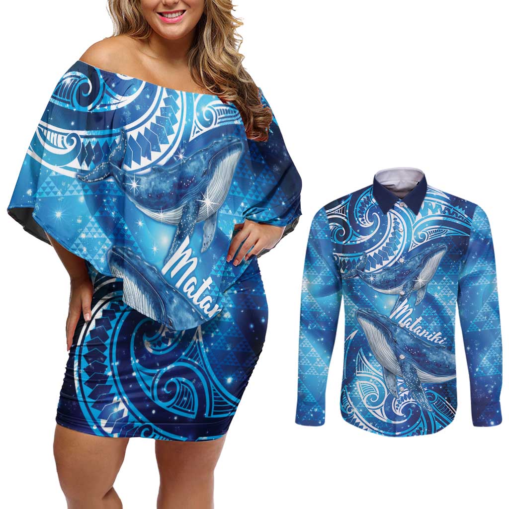 New Zealand Humpback Whale Matariki Couples Matching Off Shoulder Short Dress and Long Sleeve Button Shirt Maori New Year Taniko Niho Taniwha
