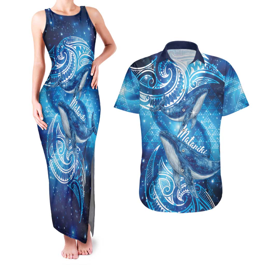 New Zealand Humpback Whale Matariki Couples Matching Tank Maxi Dress and Hawaiian Shirt Maori New Year Taniko Niho Taniwha