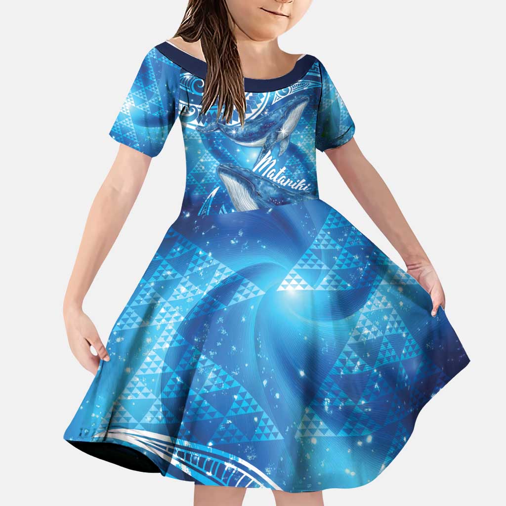 New Zealand Humpback Whale Matariki Family Matching Long Sleeve Bodycon Dress and Hawaiian Shirt Maori New Year Taniko Niho Taniwha LT14 Daughter's Dress Blue - Polynesian Pride