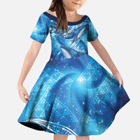 New Zealand Humpback Whale Matariki Family Matching Long Sleeve Bodycon Dress and Hawaiian Shirt Maori New Year Taniko Niho Taniwha LT14 Daughter's Dress Blue - Polynesian Pride