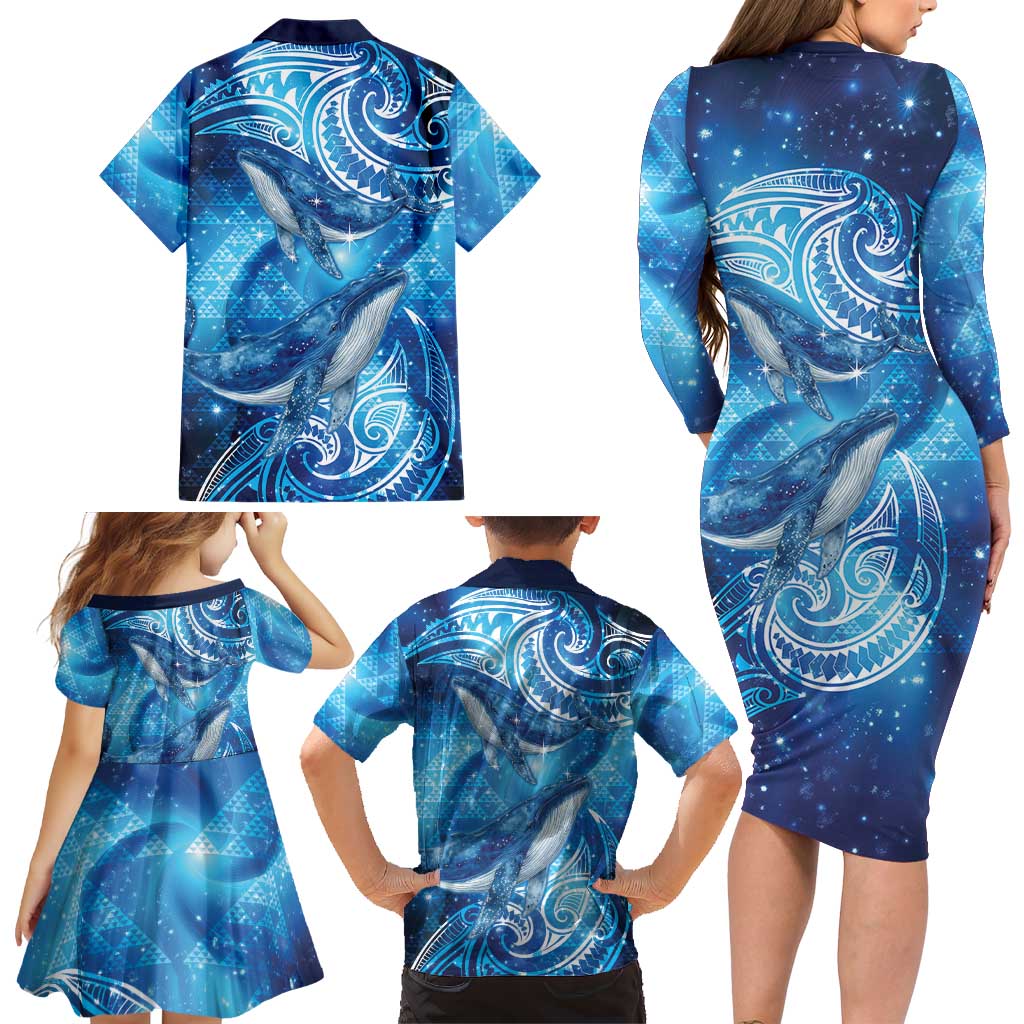 New Zealand Humpback Whale Matariki Family Matching Long Sleeve Bodycon Dress and Hawaiian Shirt Maori New Year Taniko Niho Taniwha LT14 - Polynesian Pride
