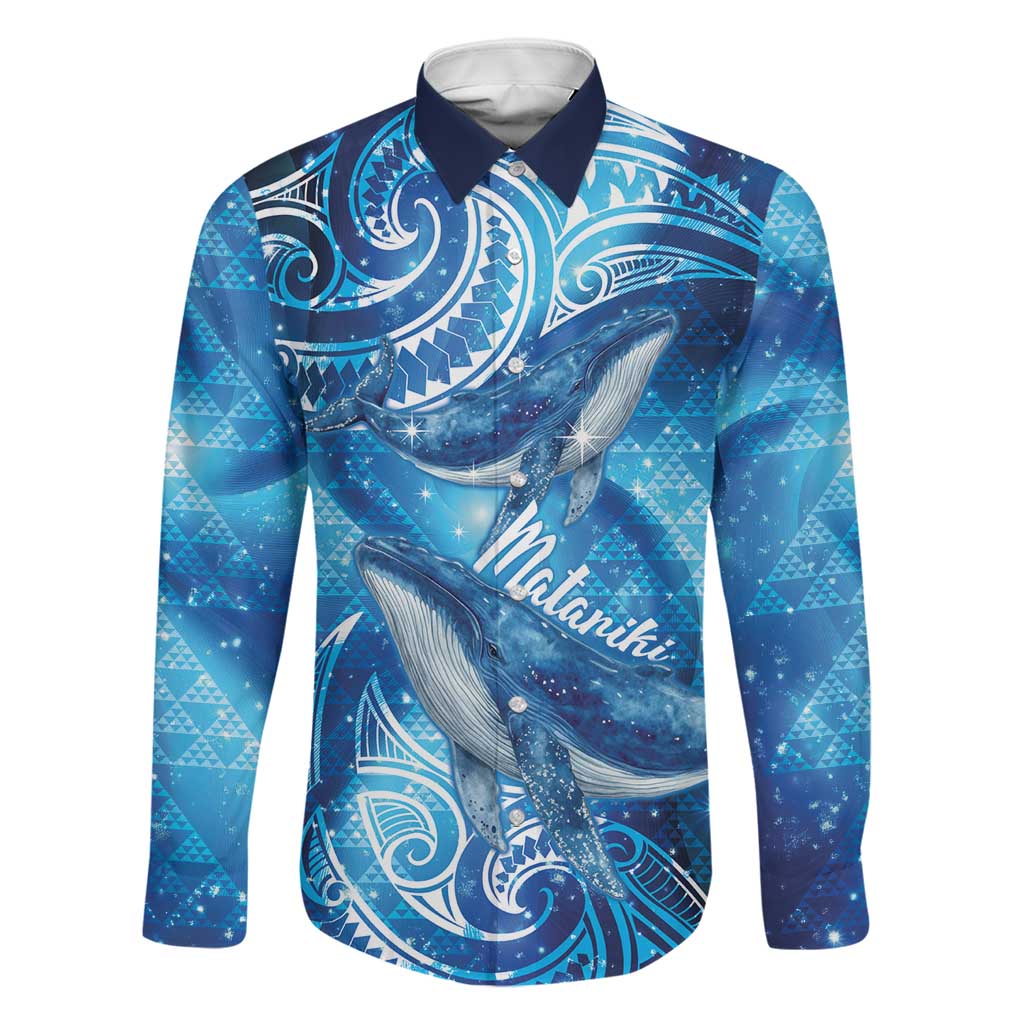 New Zealand Humpback Whale Matariki Family Matching Long Sleeve Bodycon Dress and Hawaiian Shirt Maori New Year Taniko Niho Taniwha LT14 Dad's Shirt - Long Sleeve Blue - Polynesian Pride